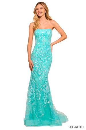 Sherri Hill 55501 prom dress images.  Sherri Hill 55501 is available in these colors: Aqua, Blue, Blush, Ivory, Lilac.
