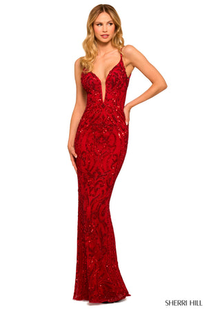 Sherri Hill 55513 prom dress images.  Sherri Hill 55513 is available in these colors: Red.