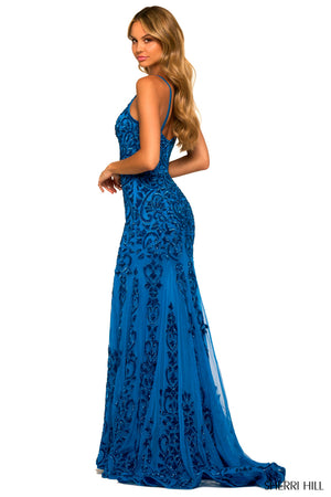 Sherri Hill 55515 prom dress images.  Sherri Hill 55515 is available in these colors: Periwinkle, Rose, Jade, Red, Purple, Aqua, Bright Fuchsia, Peacock.