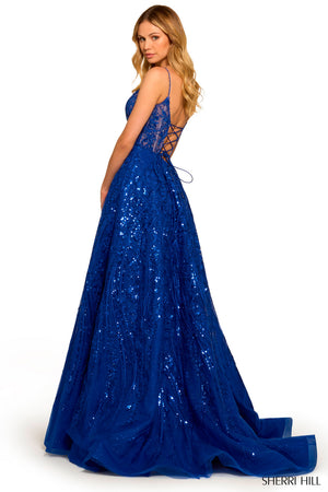 Sherri Hill 55521 prom dress images. Sherri Hill 55521 is available in these colors: Blush, Royal, Black, Emerald, Red, Ivory, Light Blue.