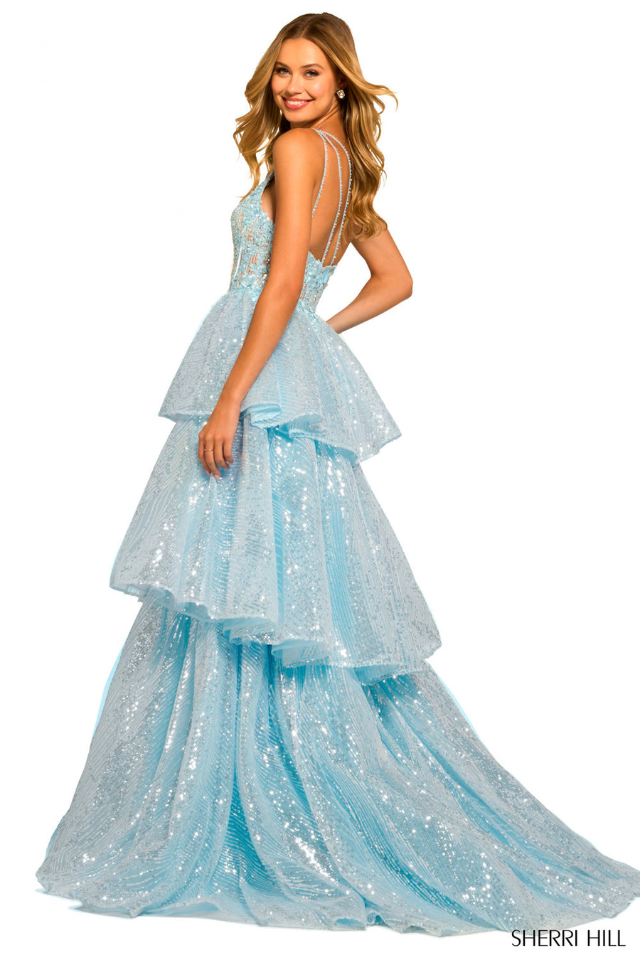 Sherri Hill 55527 prom dress images.  Sherri Hill 55527 is available in these colors: Light Blue, Ivory, Black, Blush.