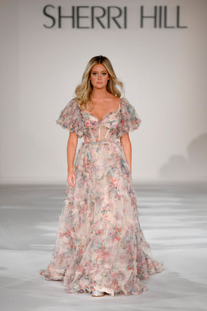 Sherri Hill 55541 prom dress images. Sherri Hill 55541 is available in these colors: Blush Print, Bright Pink Print, Ivory Print, Light Blue Print, Lilac Print.