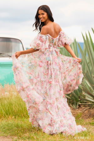 Sherri Hill 55541 prom dress images. Sherri Hill 55541 is available in these colors: Blush Print, Bright Pink Print, Ivory Print, Light Blue Print, Lilac Print.
