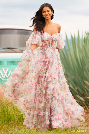 Sherri Hill 55541 prom dress images. Sherri Hill 55541 is available in these colors: Blush Print, Bright Pink Print, Ivory Print, Light Blue Print, Lilac Print.