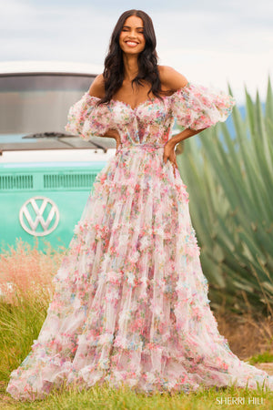 Sherri Hill 55541 prom dress images. Sherri Hill 55541 is available in these colors: Blush Print, Bright Pink Print, Ivory Print, Light Blue Print, Lilac Print.