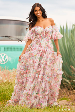 Sherri Hill 55541 prom dress images. Sherri Hill 55541 is available in these colors: Blush Print, Bright Pink Print, Ivory Print, Light Blue Print, Lilac Print.