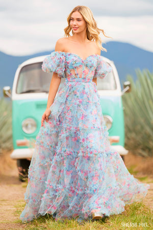 Sherri Hill 55541 prom dress images. Sherri Hill 55541 is available in these colors: Blush Print, Bright Pink Print, Ivory Print, Light Blue Print, Lilac Print.
