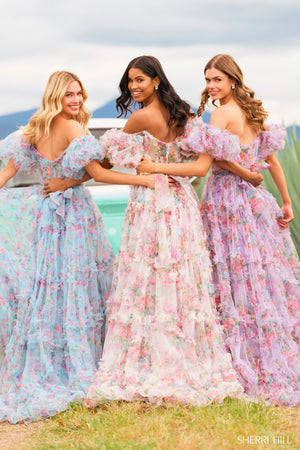 Sherri Hill 55541 prom dress images. Sherri Hill 55541 is available in these colors: Blush Print, Bright Pink Print, Ivory Print, Light Blue Print, Lilac Print.