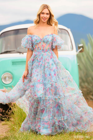 Sherri Hill 55541 prom dress images. Sherri Hill 55541 is available in these colors: Blush Print, Bright Pink Print, Ivory Print, Light Blue Print, Lilac Print.