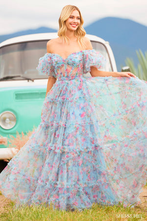Sherri Hill 55541 prom dress images. Sherri Hill 55541 is available in these colors: Blush Print, Bright Pink Print, Ivory Print, Light Blue Print, Lilac Print.