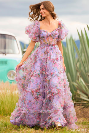 Sherri Hill 55541 prom dress images. Sherri Hill 55541 is available in these colors: Blush Print, Bright Pink Print, Ivory Print, Light Blue Print, Lilac Print.