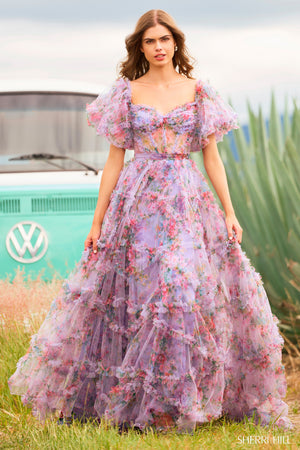 Sherri Hill 55541 prom dress images. Sherri Hill 55541 is available in these colors: Blush Print, Bright Pink Print, Ivory Print, Light Blue Print, Lilac Print.