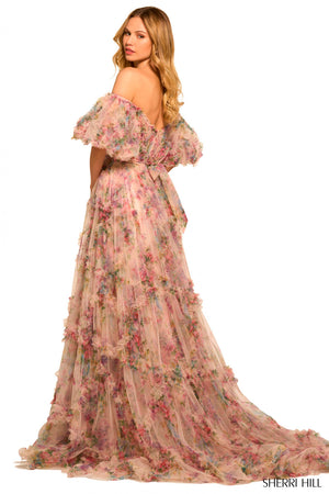 Sherri Hill 55541 prom dress images. Sherri Hill 55541 is available in these colors: Blush Print, Bright Pink Print, Ivory Print, Light Blue Print, Lilac Print.