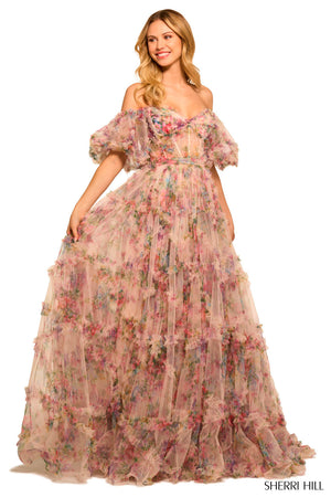 Sherri Hill 55541 prom dress images.  Sherri Hill 55541 is available in these colors: Blush Print, Bright Pink Print, Ivory Print, Light Blue Print, Lilac Print.
