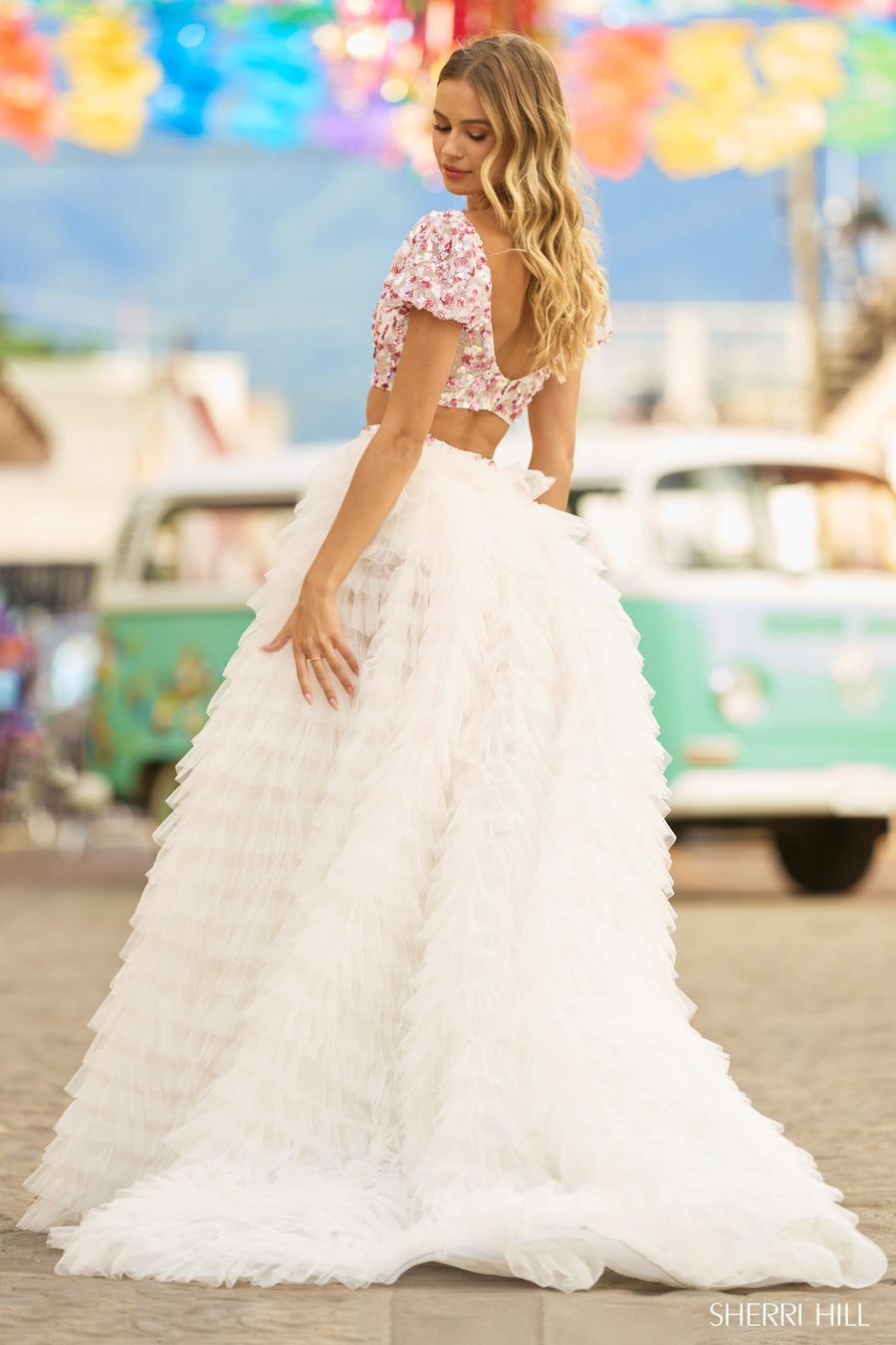 Sherri Hill 55557 prom dress images.  Sherri Hill 55557 is available in these colors: White Pink.