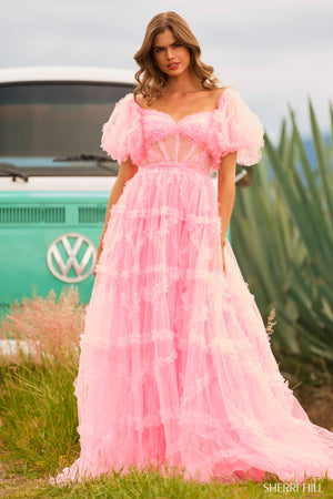 Sherri Hill 55558 prom dress images. Sherri Hill 55558 is available in these colors: Light Blue, Candy Pink, Black, Fuchsia, Ivory, Lilac, Red.