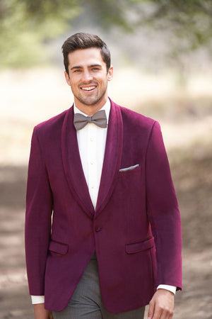 Cranberry Velvet Jacket is an Ultra Slim single button shawl lapel jacket with double vents to create a tailored fit