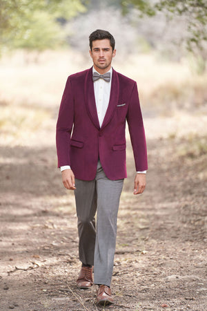 Cranberry Velvet Jacket is an Ultra Slim single button shawl lapel jacket with double vents to create a tailored fit