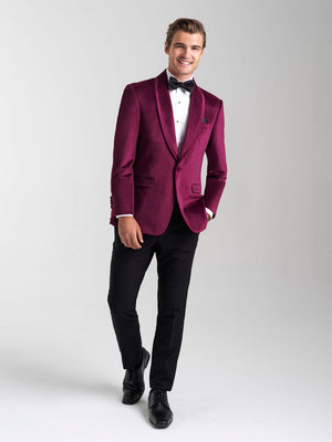 Cranberry Velvet Jacket is an Ultra Slim single button shawl lapel jacket with double vents to create a tailored fit