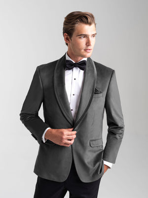 Silver Grey Venice Velvet Tuxedo is an Ultra Slim tailored fit with a single button shawl lapel and double vents