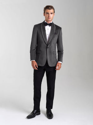 Silver Grey Venice Velvet Tuxedo is an Ultra Slim tailored fit with a single button shawl lapel and double vents