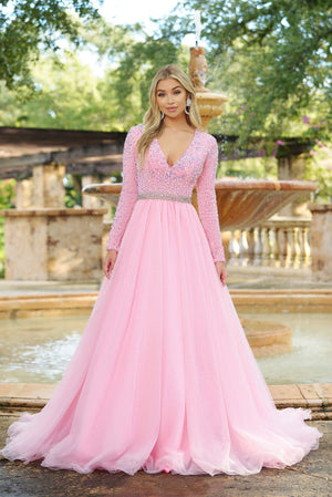Ava Presley 38332 prom dress images.  Ava Presley 38332 is available in these colors: Iridescent Light Blue, Iridescent Pink, Iridescent White, Red.