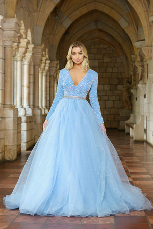 Ava Presley 38332 prom dress images.  Ava Presley 38332 is available in these colors: Iridescent Light Blue, Iridescent Pink, Iridescent White, Red.