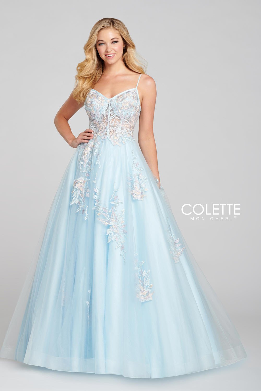 Colette CL12123 prom dress images.  Colette CL12123 is available in these colors: Sky Multi, Pink Multi, Lilac Multi.
