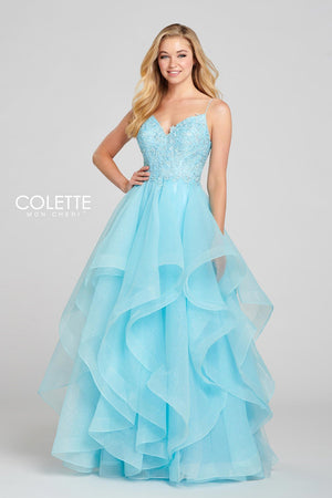 Colette CL12129 prom dress images.  Colette CL12129 is available in these colors: Caribbean Blue, Lilac.
