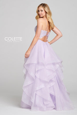 Colette CL12129 prom dress images.  Colette CL12129 is available in these colors: Caribbean Blue, Lilac.