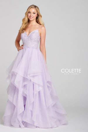 Colette CL12129 prom dress images.  Colette CL12129 is available in these colors: Caribbean Blue, Lilac.