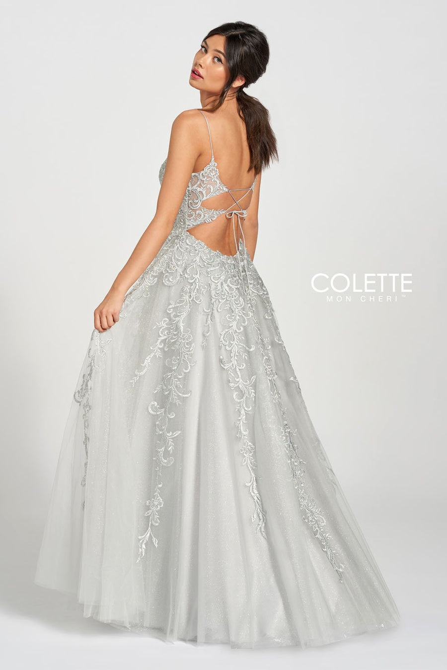 Colette CL12208 prom dress images.  Colette CL12208 is available in these colors: Platinum, Sky Blue, Baby Pink.