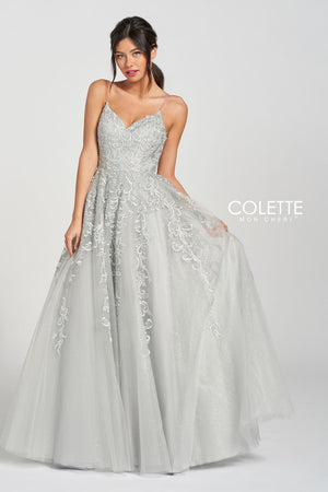 Colette CL12208 prom dress images.  Colette CL12208 is available in these colors: Platinum, Sky Blue, Baby Pink.