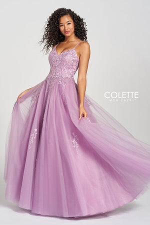 Colette CL12212 prom dress images.  Colette CL12212 is available in these colors: Orchid, Misty Blue.