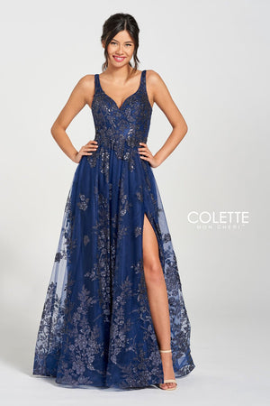 Colette CL12215 prom dress images.  Colette CL12215 is available in these colors: Navy Blue, Plum.