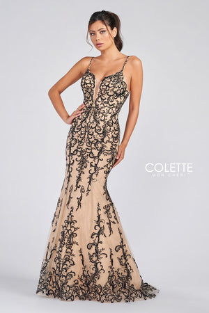 Colette CL12220 prom dress images.  Colette CL12220 is available in these colors: Vintage Blue, Black Champagne, Bubblegum Nude.