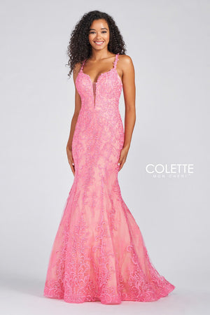 Colette CL12220 prom dress images.  Colette CL12220 is available in these colors: Vintage Blue, Black Champagne, Bubblegum Nude.