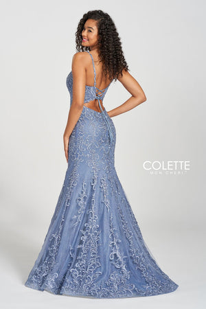 Colette CL12220 prom dress images.  Colette CL12220 is available in these colors: Vintage Blue, Black Champagne, Bubblegum Nude.