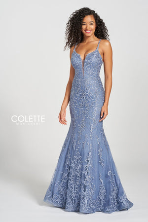 Colette CL12220 prom dress images.  Colette CL12220 is available in these colors: Vintage Blue, Black Champagne, Bubblegum Nude.