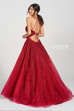 Colette CL12221 prom dress images.  Colette CL12221 is available in these colors: Crimson, Spruce, Vintage Blue.