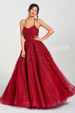 Colette CL12221 prom dress images.  Colette CL12221 is available in these colors: Crimson, Spruce, Vintage Blue.