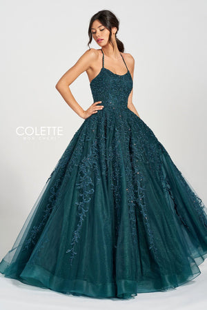 Colette CL12221 prom dress images.  Colette CL12221 is available in these colors: Crimson, Spruce, Vintage Blue.