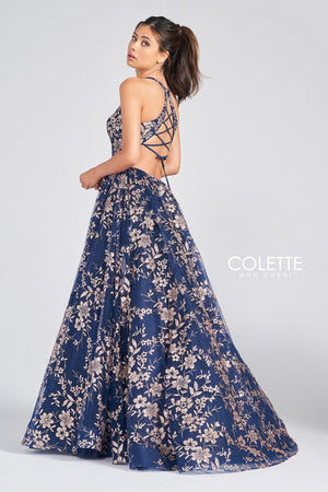 Colette CL12223 prom dress images.  Colette CL12223 is available in these colors: Bubblegum, Navy Blue Gold, Vintage Yellow.