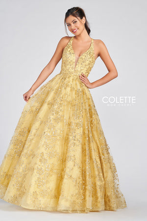 Colette CL12223 prom dress images.  Colette CL12223 is available in these colors: Bubblegum, Navy Blue Gold, Vintage Yellow.