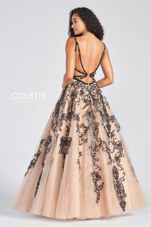 Colette CL12224 prom dress images.  Colette CL12224 is available in these colors: Black Champagne, Platinum Dusty Blue.