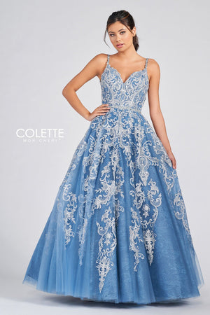 Colette CL12224 prom dress images.  Colette CL12224 is available in these colors: Black Champagne, Platinum Dusty Blue.