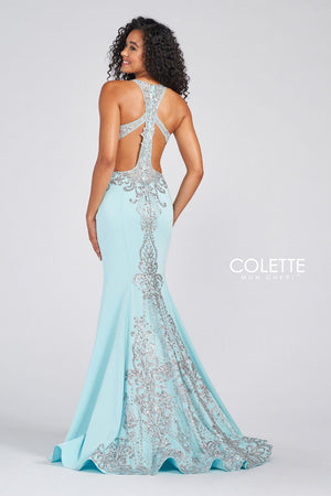 Colette CL12247 prom dress images.  Colette CL12247 is available in these colors: Black, Aqua Silver.