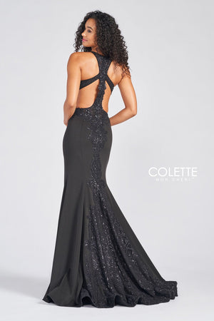 Colette CL12247 prom dress images.  Colette CL12247 is available in these colors: Black, Aqua Silver.