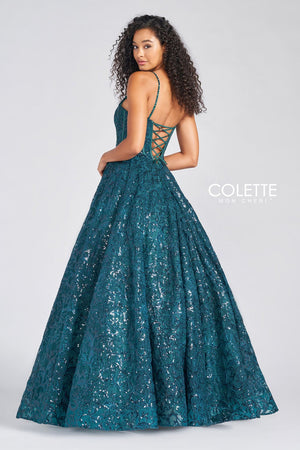 Colette CL12264 prom dress images.  Colette CL12264 is available in these colors: Forest Green, Plum, Cabernet.