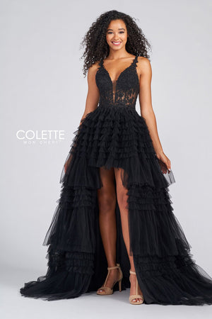 Colette CL12281 prom dress images.  Colette CL12281 is available in these colors: Heather, Black, Scarlet.